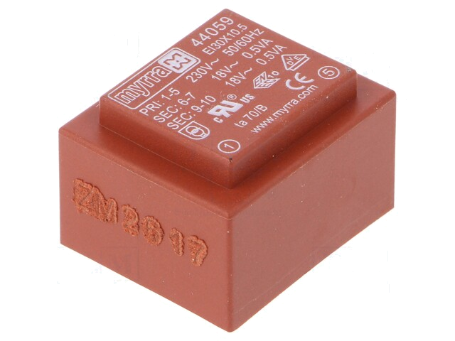 Transformator: ingegoten; 1VA; 230VAC; 18V; 18V; 28mA; 28mA; PCB Transformator: ingegoten; 1VA; 230VAC; 18V; 18V; 28mA; 28mA; PCB